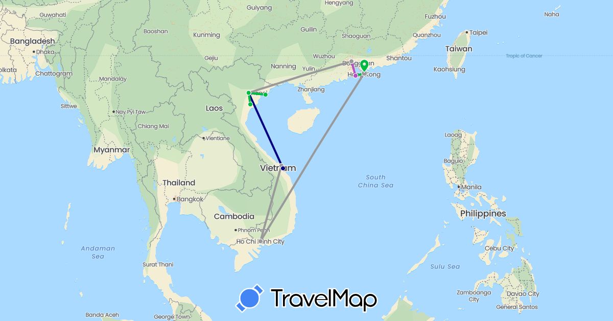 TravelMap itinerary: driving, bus, plane, train in China, Vietnam (Asia)